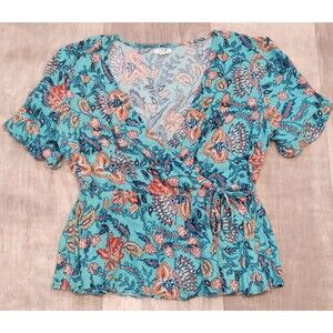 Maurices L Blue Green Floral Faux Wrap Peplum Top Boho Fairy Tie Ruffle Sleeve
